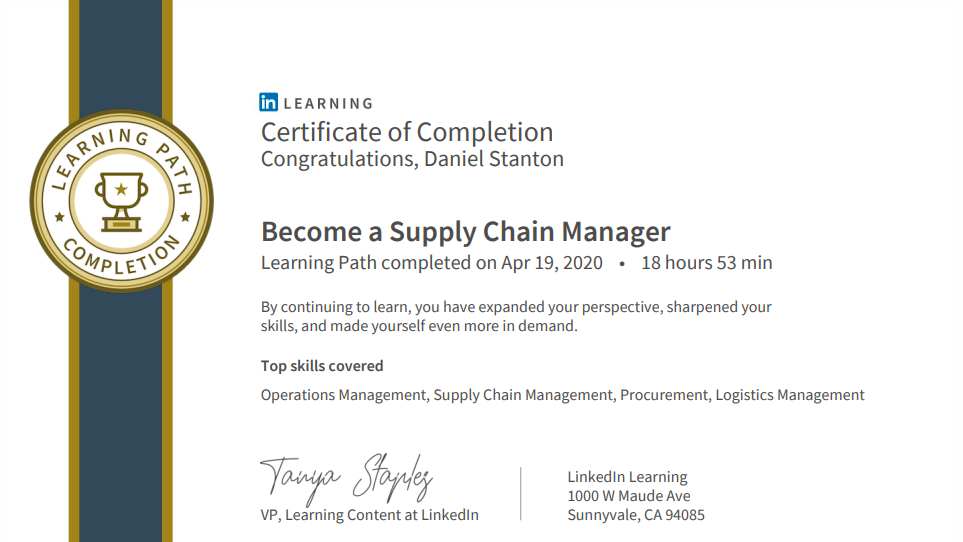 Chứng nhận hoàn thành khoá học trên LinkedIn Learning